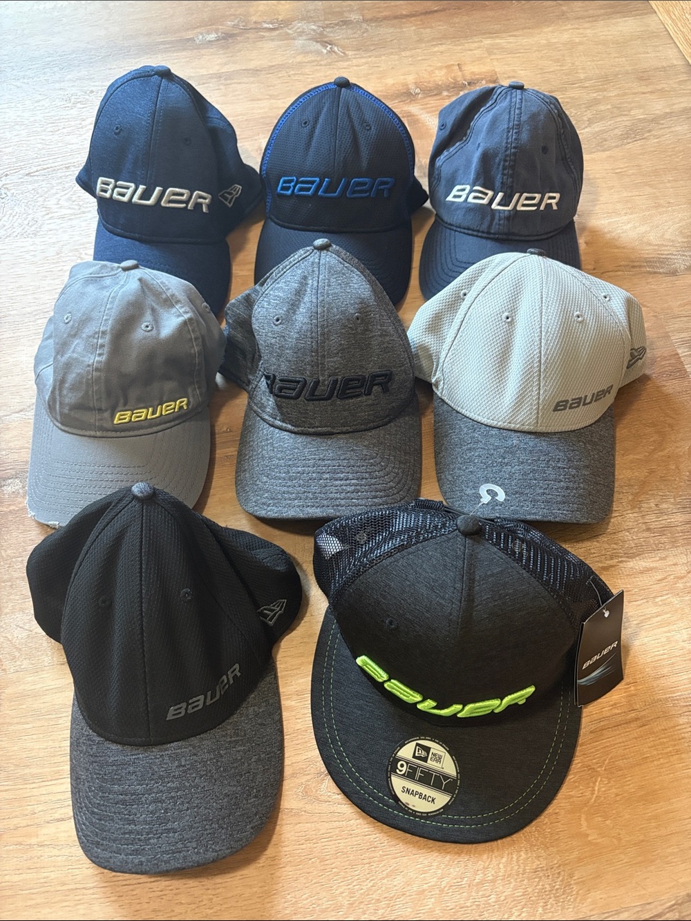 Bundle 8 Bauer Men's Assorted Gray, Black, Blue and Neon Green Logo Caps Hats